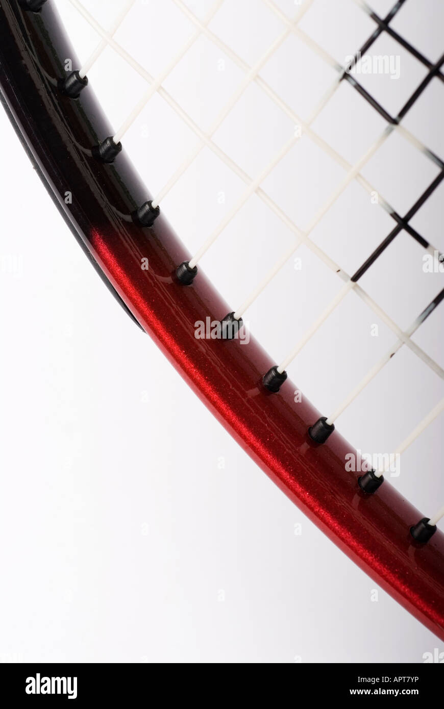 Schuss des Rahmens ein Tennis-Raquet und Zeichenfolgen, die das Bild vor einem weißen Hintergrund geschossen wird hautnah Stockfoto