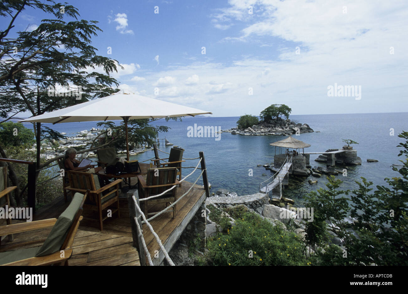 Malawi Ostafrika Blick auf Malawi-See von der Terrasse eines Hotels auf Likoma Insel Stockfoto
