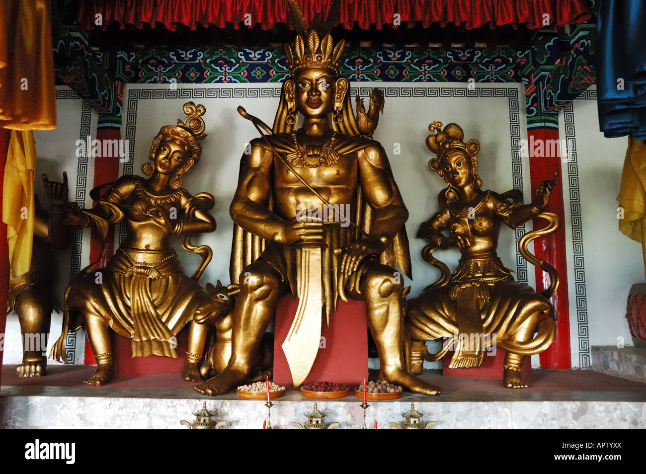 Statuen von Gottheiten, die in einem lokalen Dongba-Tempel verehrt. Lijiang, Yunnan, China. Stockfoto