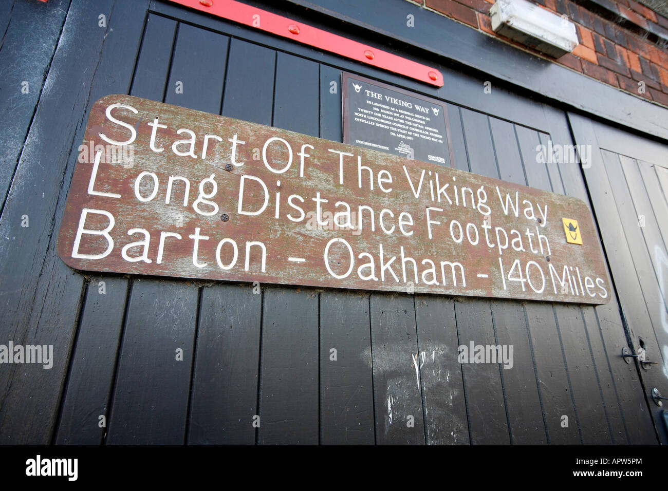 Zeichen, die den Anfang des Weges Viking, Barton auf Humber, Humberside Stockfoto