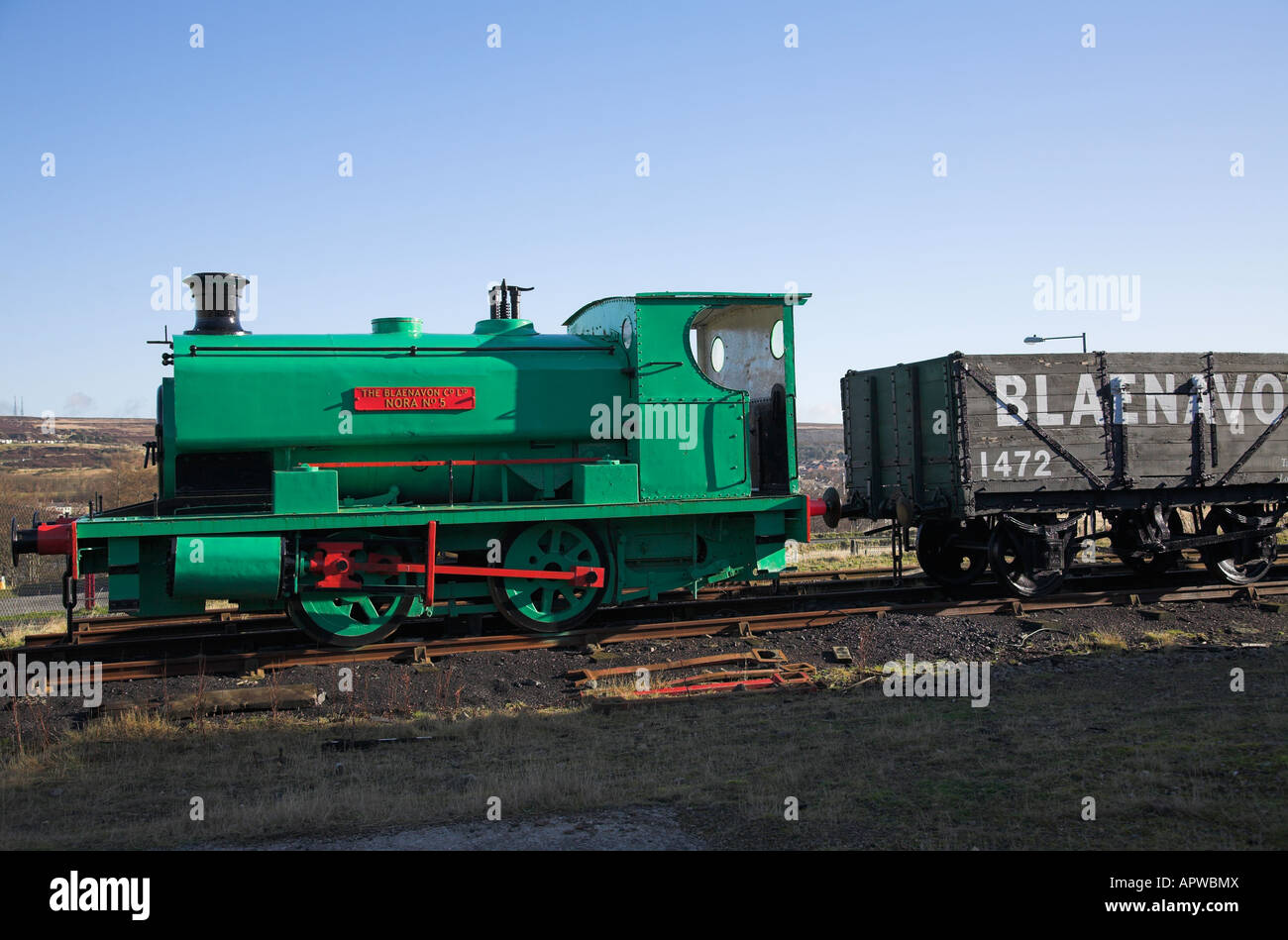 Lokomotive Nora 5 steht auf der Gleisanschluss an die Big Pit Coal Mine in Blaenavon, Wales. Stockfoto