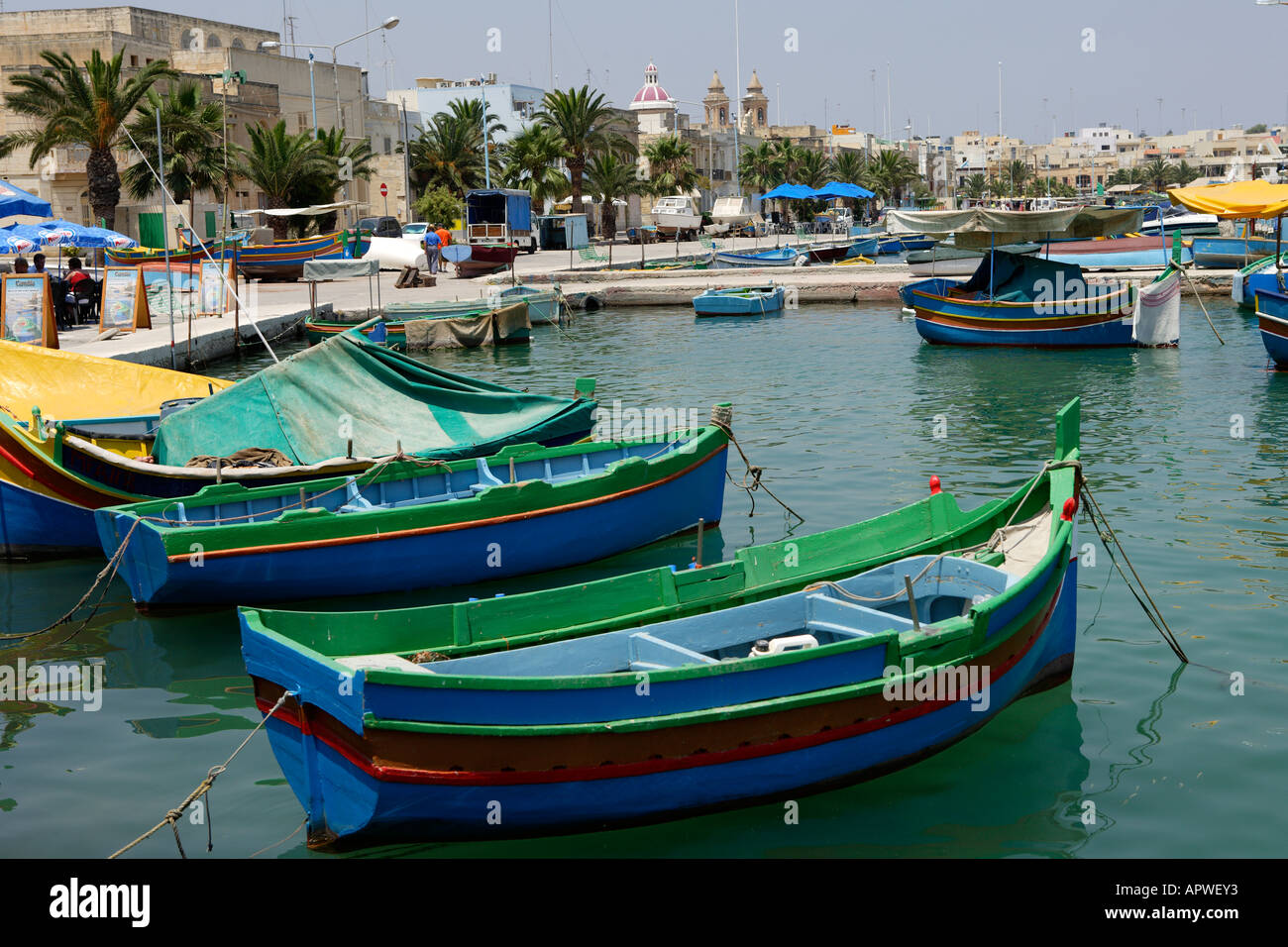 Traditionelle Fischerboote im Hafen, Malta Marsaxlokk Stockfoto