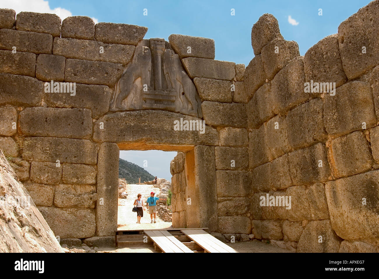 Löwentor, Wand um die Akropolis von Mykene, Peloponnes, Griechenland Stockfoto