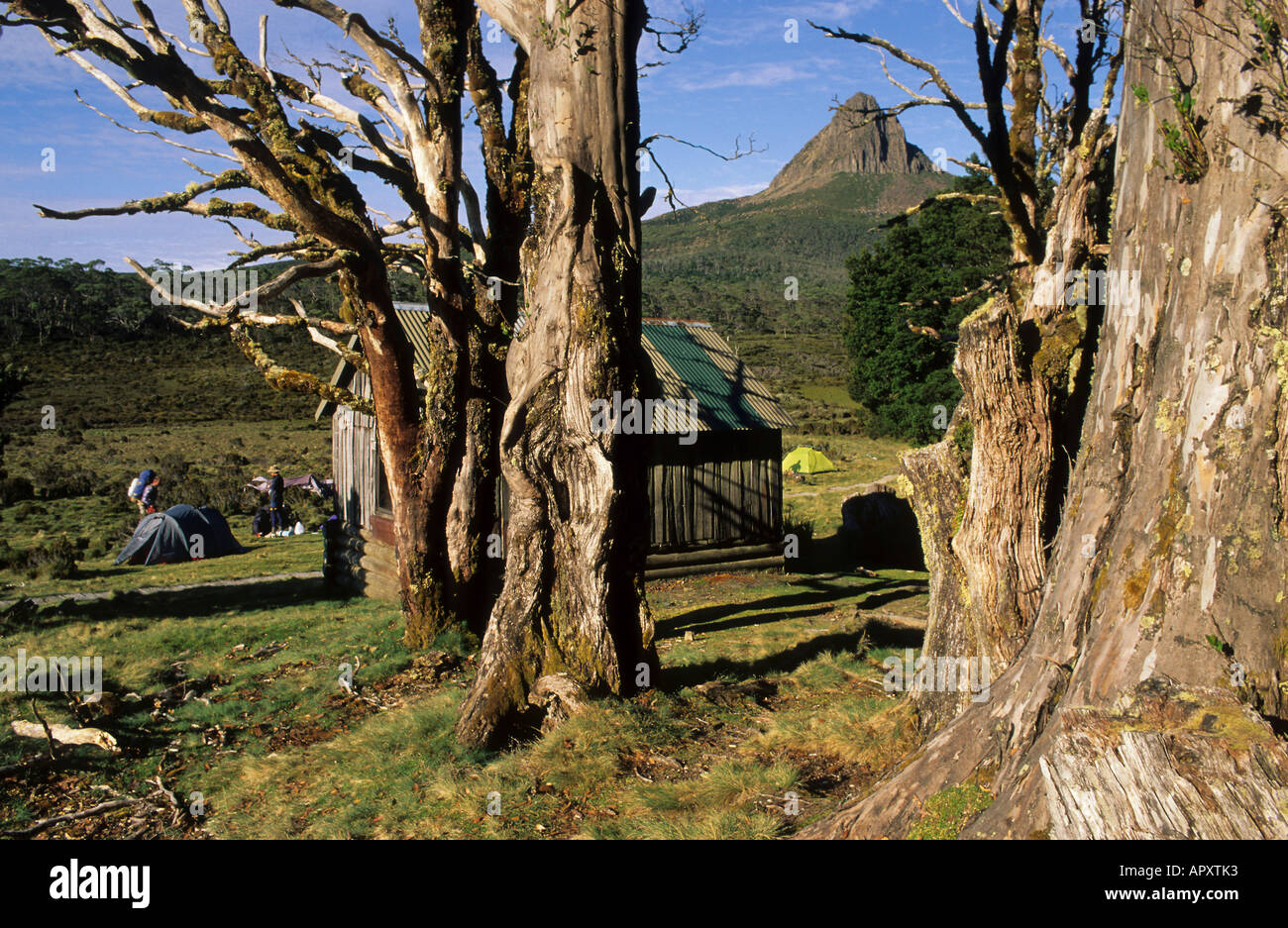 Waterfall Valley Hütte, Cradle Mountain NP, Australien, Tasmanien, Hütte und Campingplatz im Cradle Mountain National Park, Stockfoto