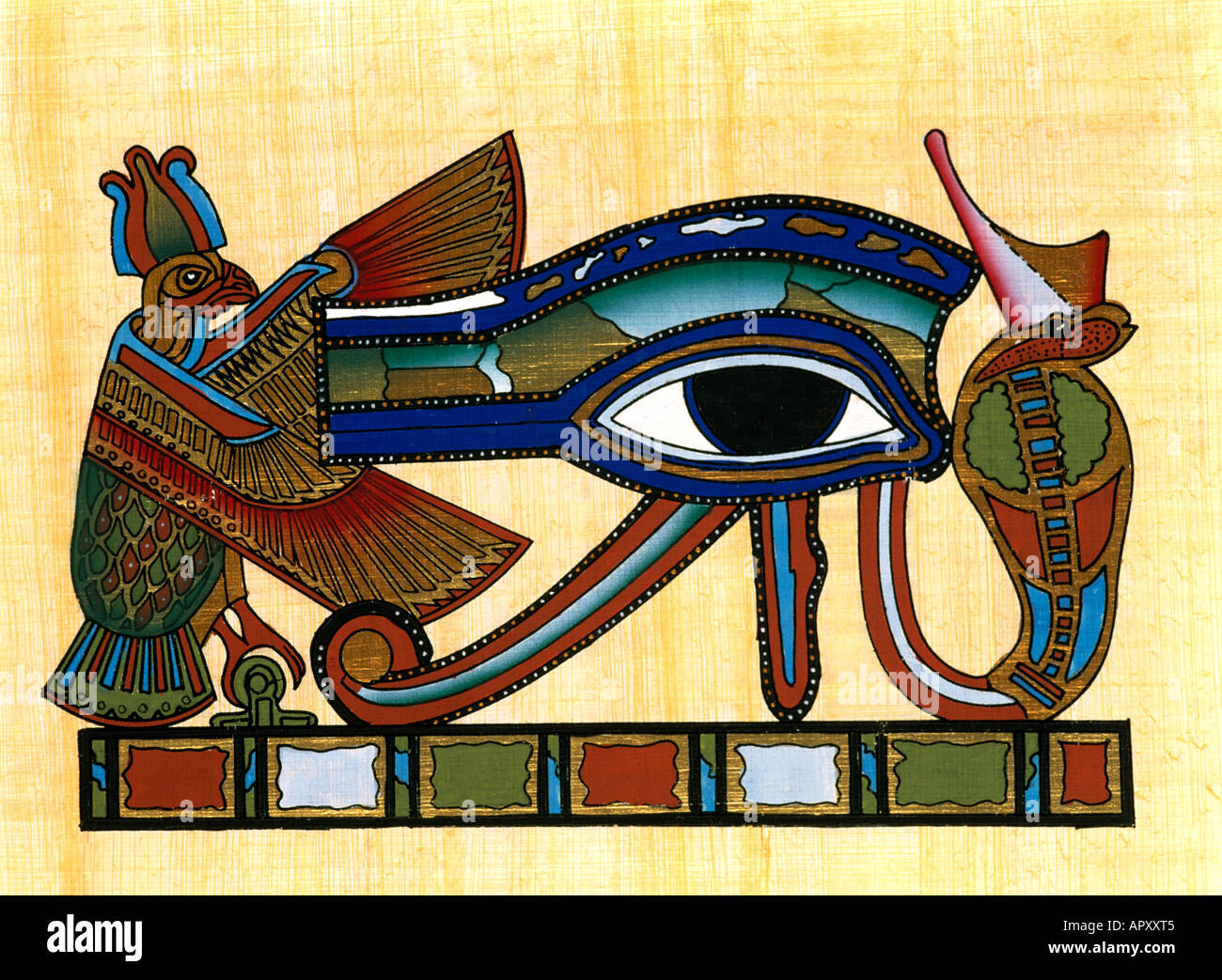 Ägypten - Papyrus Udjat (Wadjeti) Auge des Horus Amulett Wadjet Schlange Schutzgöttin und Nekhbet Stockfoto
