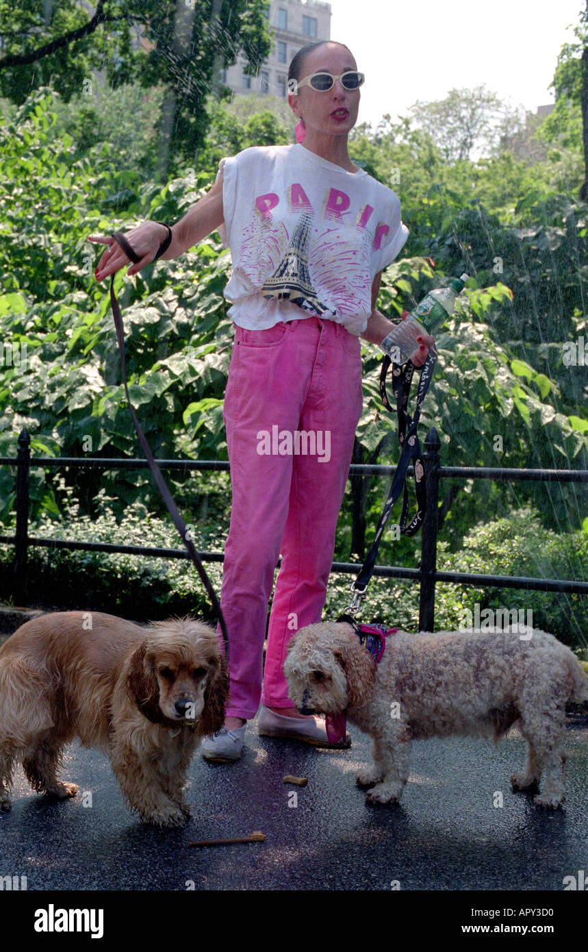 Frau mit Sprinkler hinter ihrer Abkühlung während des Gehens ihren Spaniel im Central Park New York City. Stockfoto