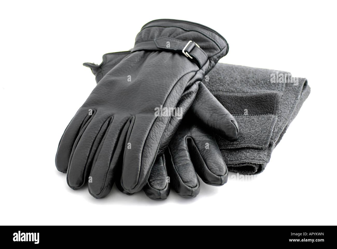 Schwarze Lederhandschuhe Schal Stockfoto