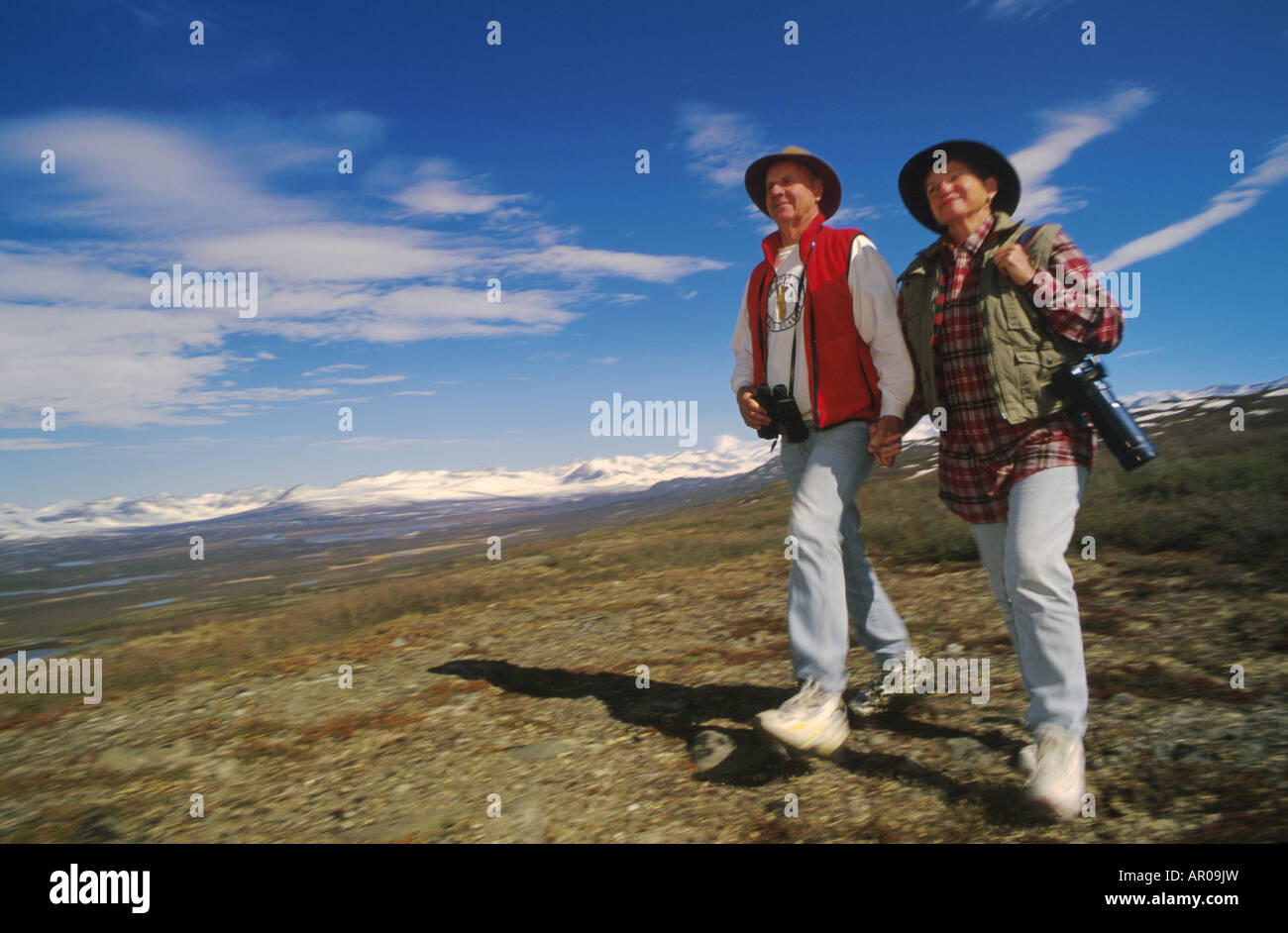 Älteres paar Wandern in der Nähe von Denali Highway IN AK Stockfoto