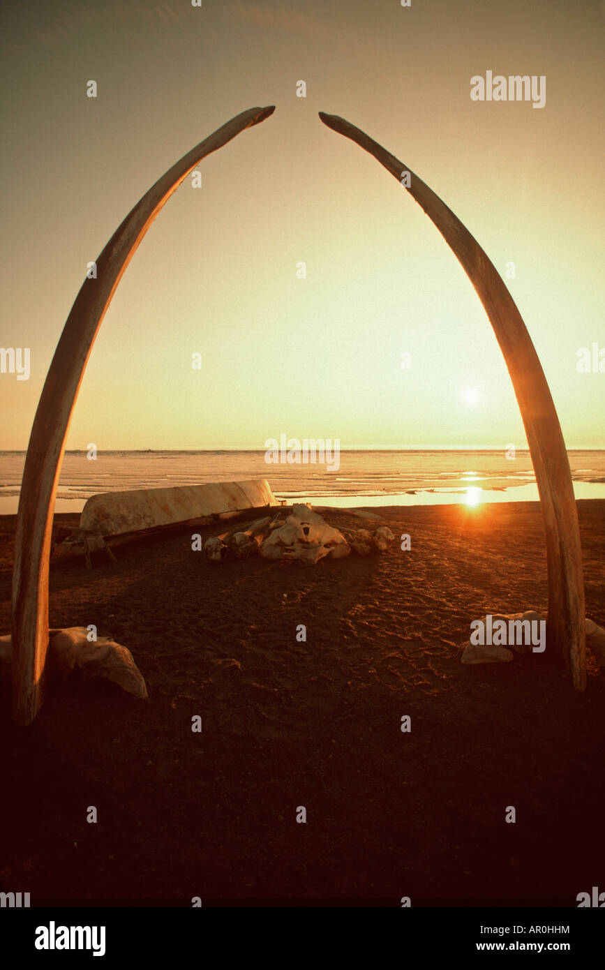 Mitternachtssonne Nordpolarmeer Whale Bone Denkmal Barrow Alaska Umiak Boot Stockfoto