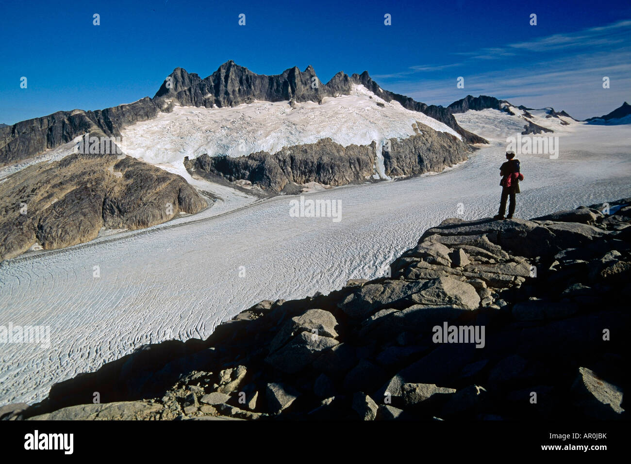 Wanderer Bergsteiger Viewing Mendenhall Gletscher Juneau Eisfeld südöstlichen Alaska Ice rockt Stockfoto