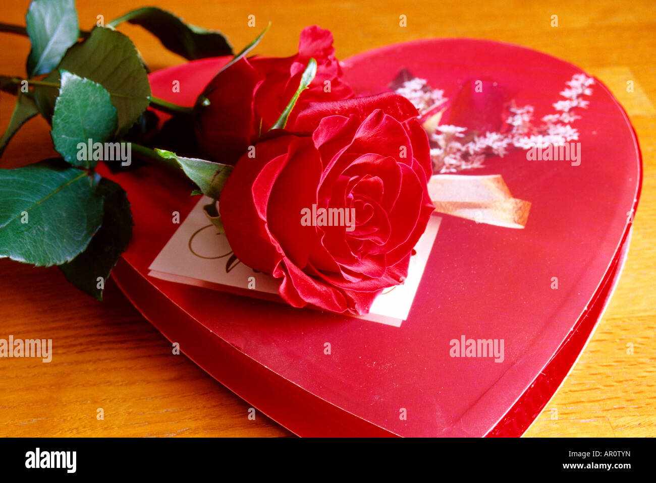 Stillleben von Valentine Herzen Pralinen mit roter rose Stockfoto