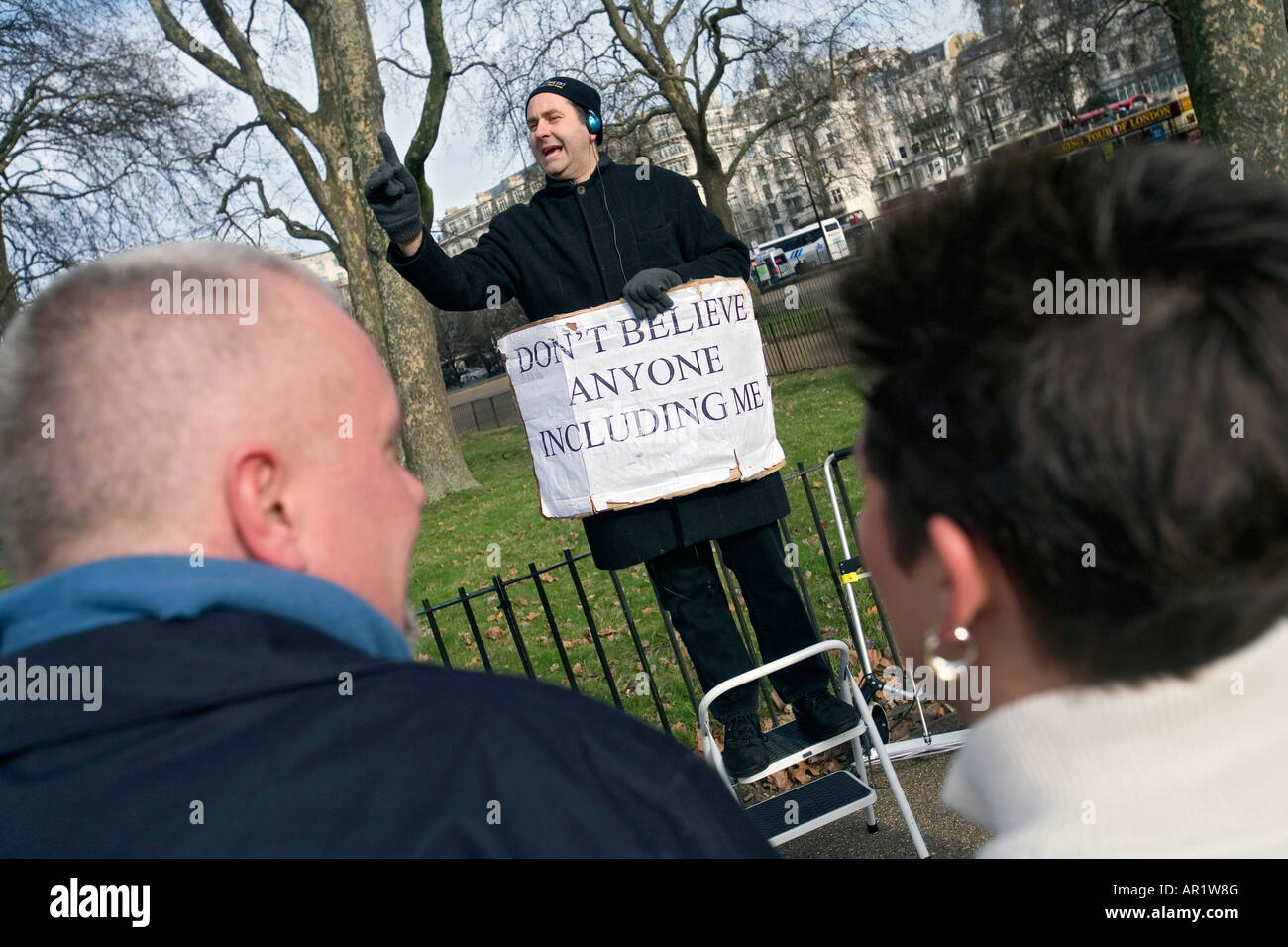 ein Mann auf seine Seifenkiste bei der Speakers Corner im Hyde Park, London Stockfoto