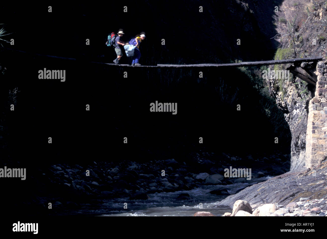 Seil-Brücke, Ancohuma Trekking Bolivien, Südamerika Stockfoto