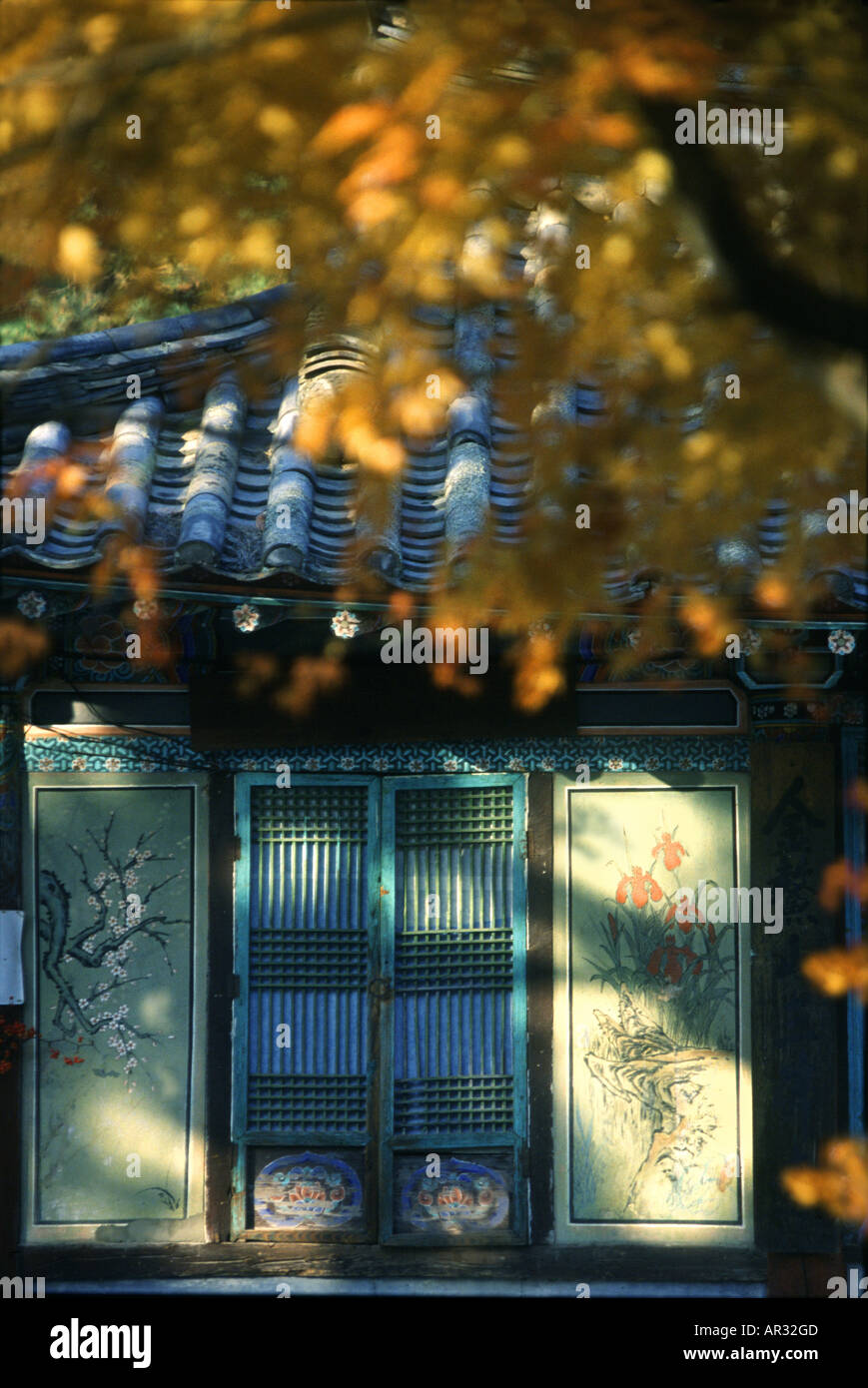 Tempel-Fenster unter Herbst Blätter im Sonnenlicht, Namsan Berge, Geongju Kyongju, Geongju, Südkorea, Asien Stockfoto