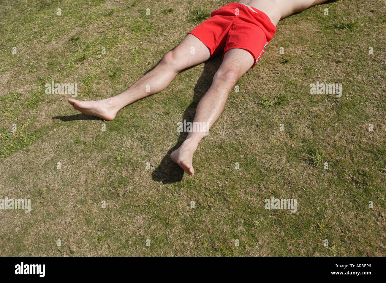 Detail eines jungen Mannes auf dem Rasen Sonnen Stockfoto