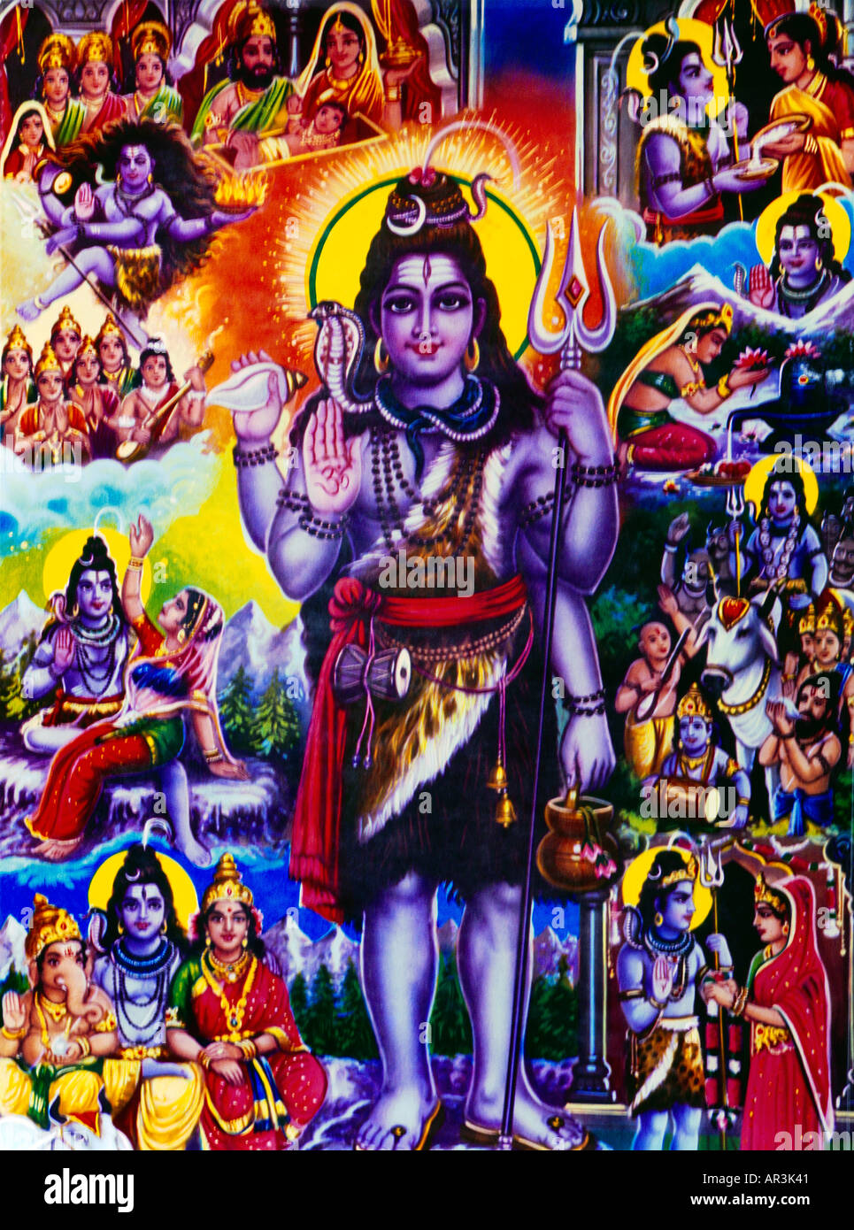 Shiva & Shiva Geschichte Hindu Gottes Leben Tod & Wiedergeburt Henna auf der Seite Stockfoto