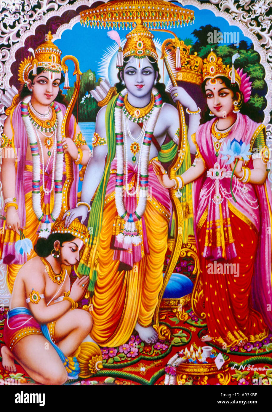Die Geschichte von Diwali Rama Sita Lakshman & Hanuman Rama In mittleren Bruder Lakshman auf linken Sita auf rechts & Hanuman vor Stockfoto