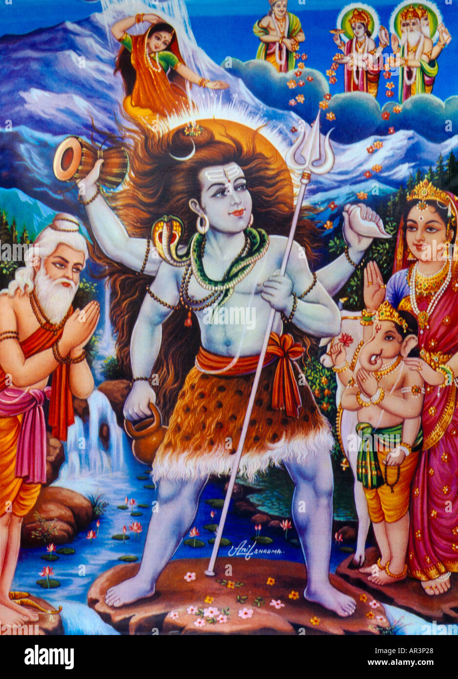 Shiva & der Ganges (Ganga) Hindu Gott des Lebens mit Cobra Tod und Wiedergeburt Brahma Praying & Ganges auf dem Kopf Stockfoto