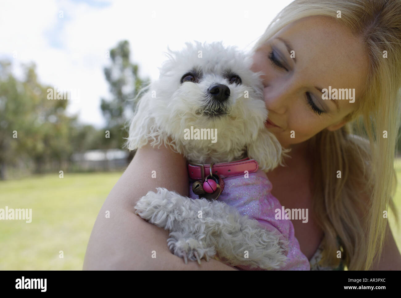 Junge Frau kuscheln Hund im park Stockfoto