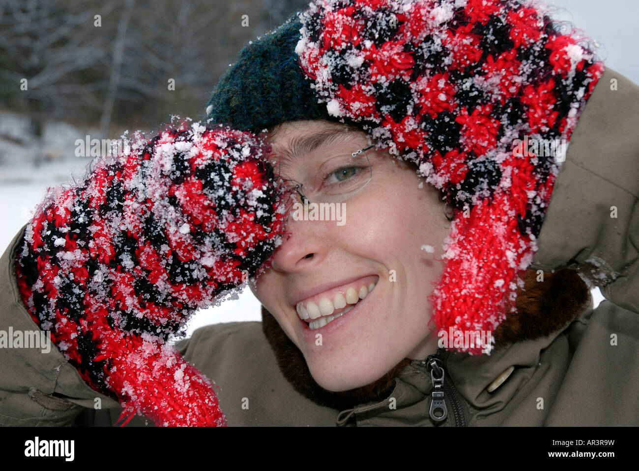 Frau zeigt ihre schneebedeckten Fäustlinge Stockfoto