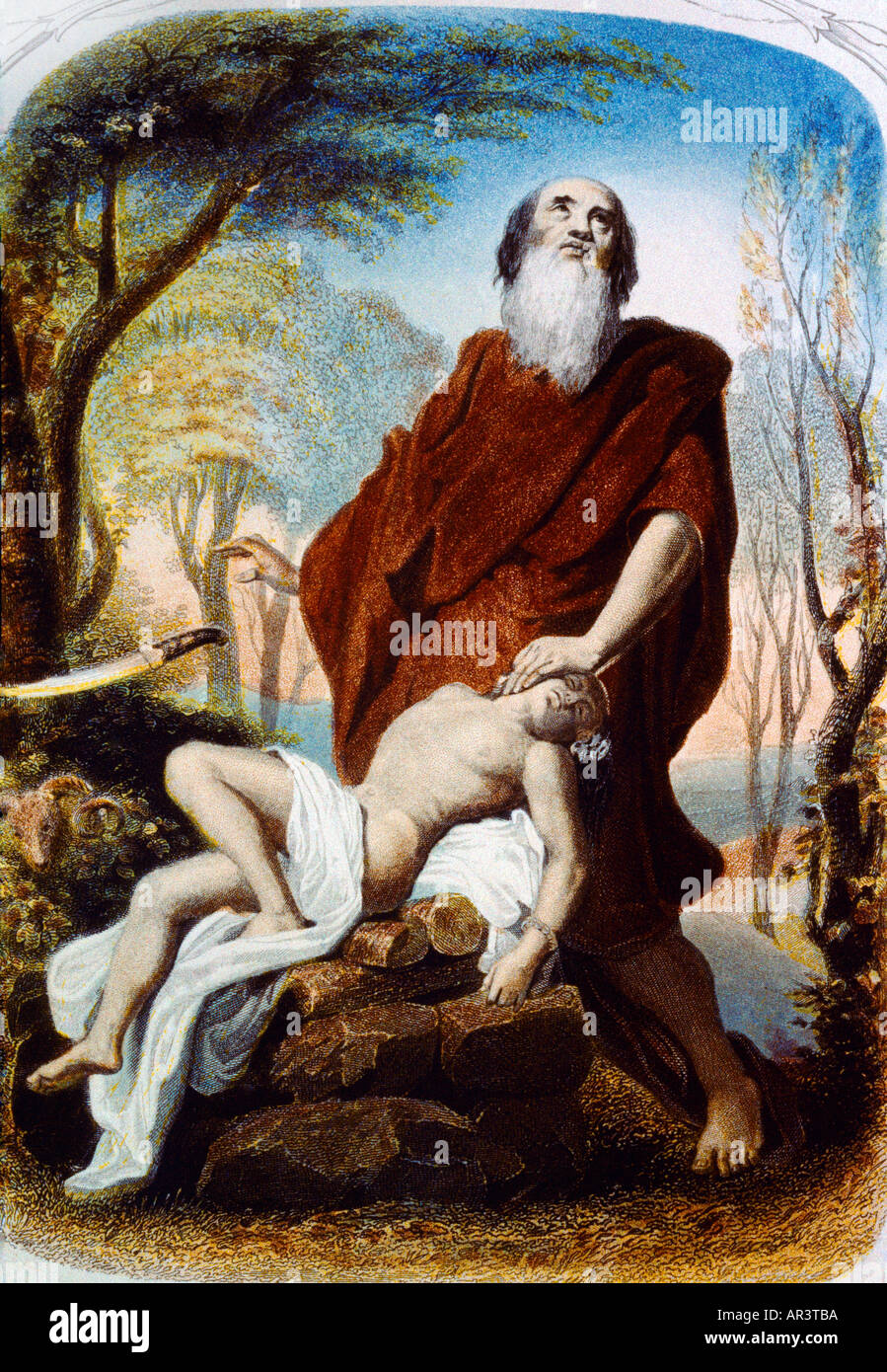 Abraham Band seinen Sohn Isaak auf den Altar am Berg Moriah Deutschland Stockfoto