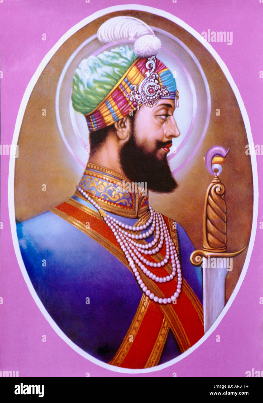 Nr. 6-Sikh Guru Guru Hargobind Sahib Black Beard & 2 Schwerter Stockfoto