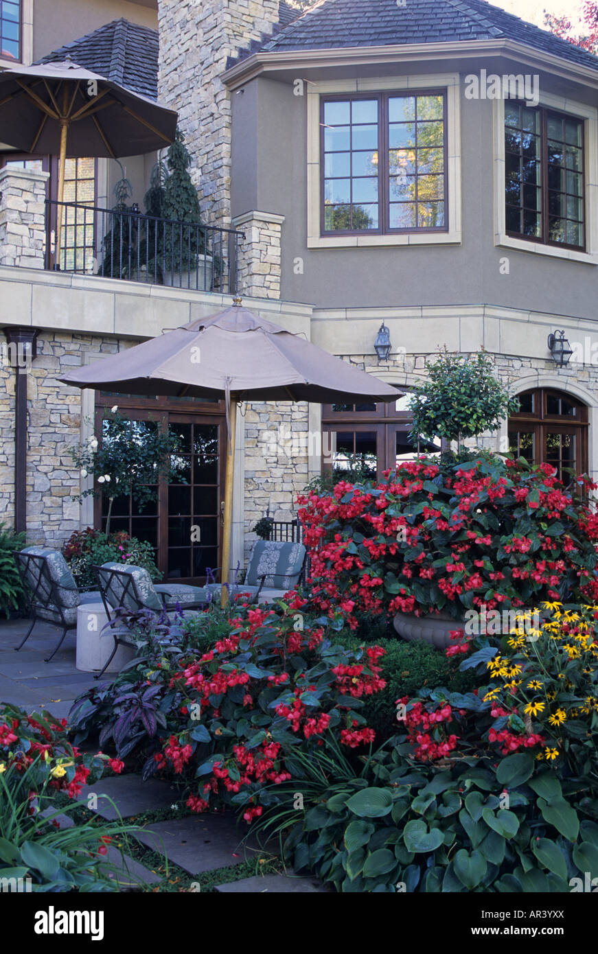 RÜCKEN-PATIO-GARTEN DES ELEGANTEN MINNESOTA HOME IN HERBST.  BEGONIEN, RUDBECKIA, HOSTA UND EUGENIA FORMSCHNITT.  VEREINIGTE STAATEN VON AMERIKA Stockfoto