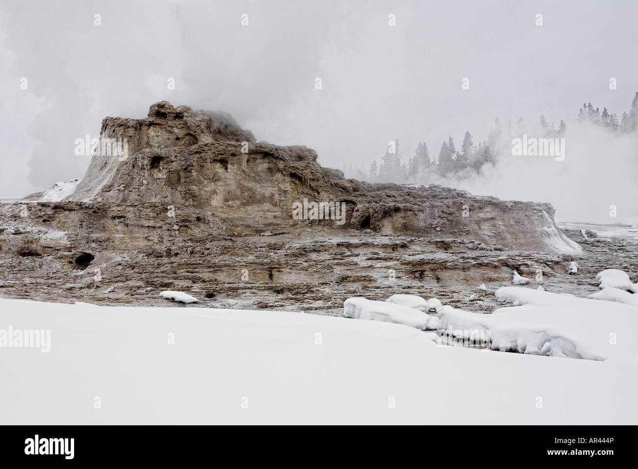 Yellowstone-Nationalpark im Winterschnee Castle Geyser Stockfoto