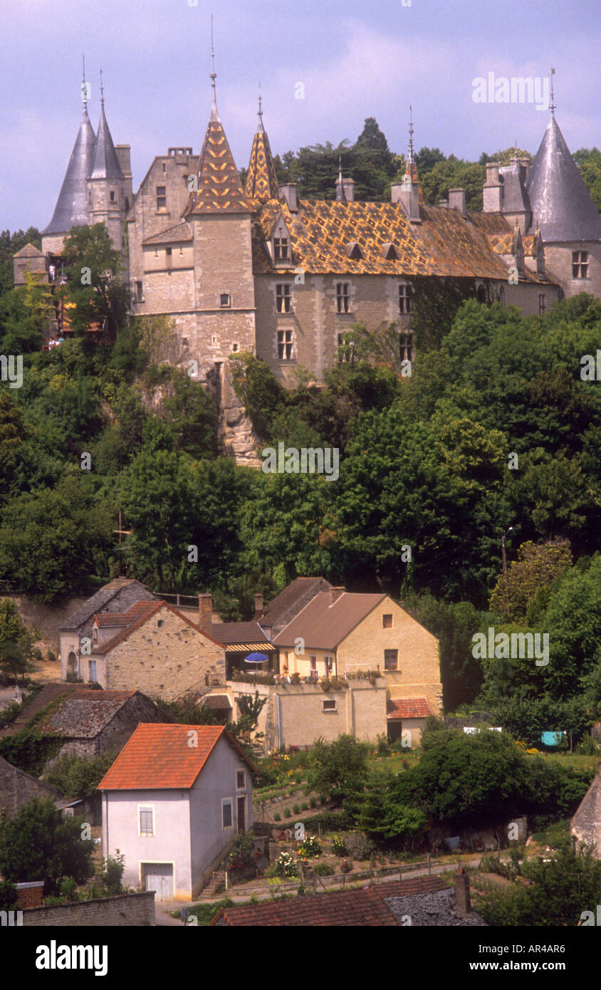 Typische Schloss, traditionelle gemustert, gefliesten Dach in Beaune, Frankreich, Burgund, Schloss mit Türmchen und spires.surrounded von Bäumen Stockfoto