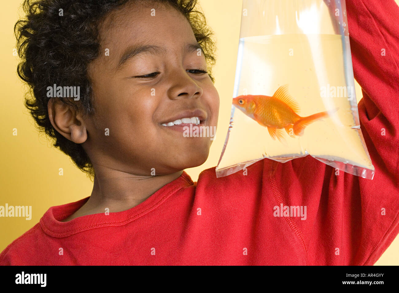 Junge mit einem Goldfisch Stockfoto