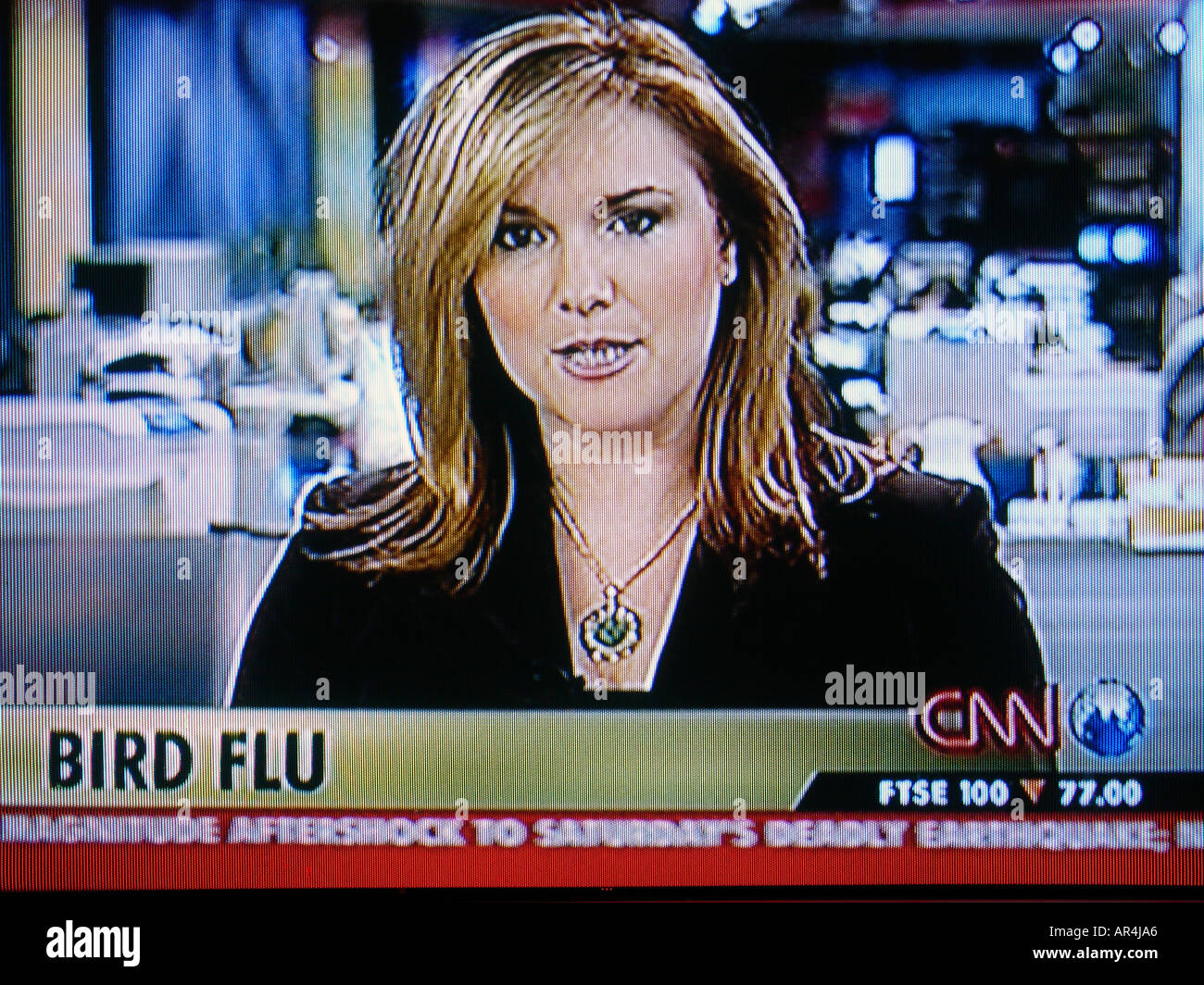 TV Screenshot von einer Nachrichtensprecherin Berichterstattung Vogelgrippe-Ausbruch auf CNN News bulletin Stockfoto