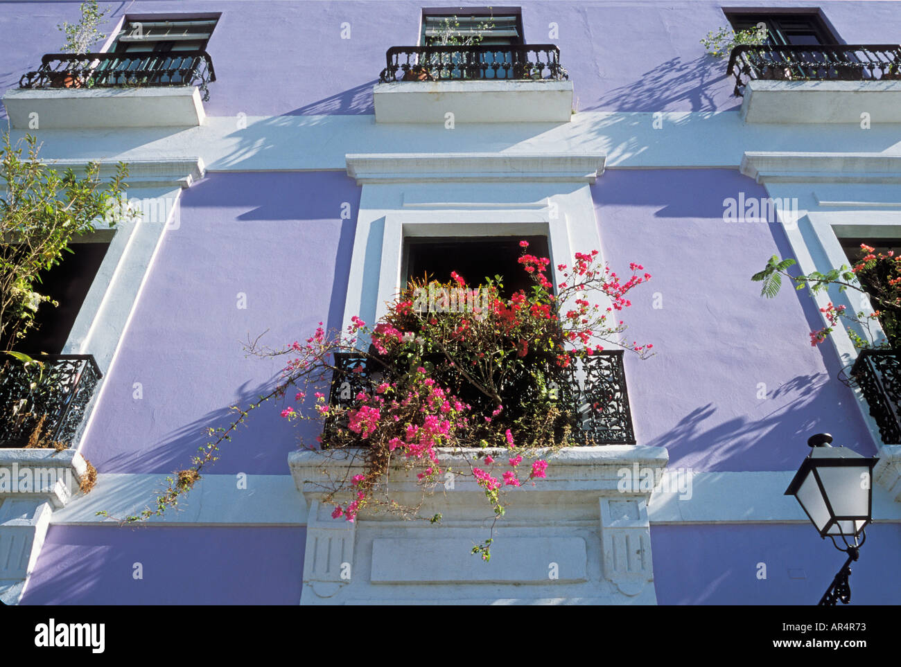 Bunte Häuser mit Eisengitter und Bougainvillea in Old San Juan Puerto Rico Stockfoto