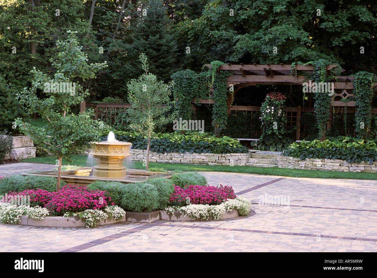 EINFAHRT MIT BRUNNEN, GINGKO BILOBA BÄUME, ALYSSUM UND ASTERN