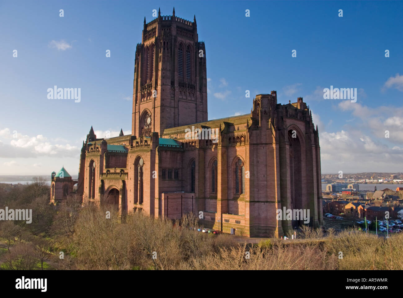 Horizontale Foto der Anglican Cathedral Church of Christ in Liverpool, leuchtend blaue fuhr morgens in Liverpool Stockfoto