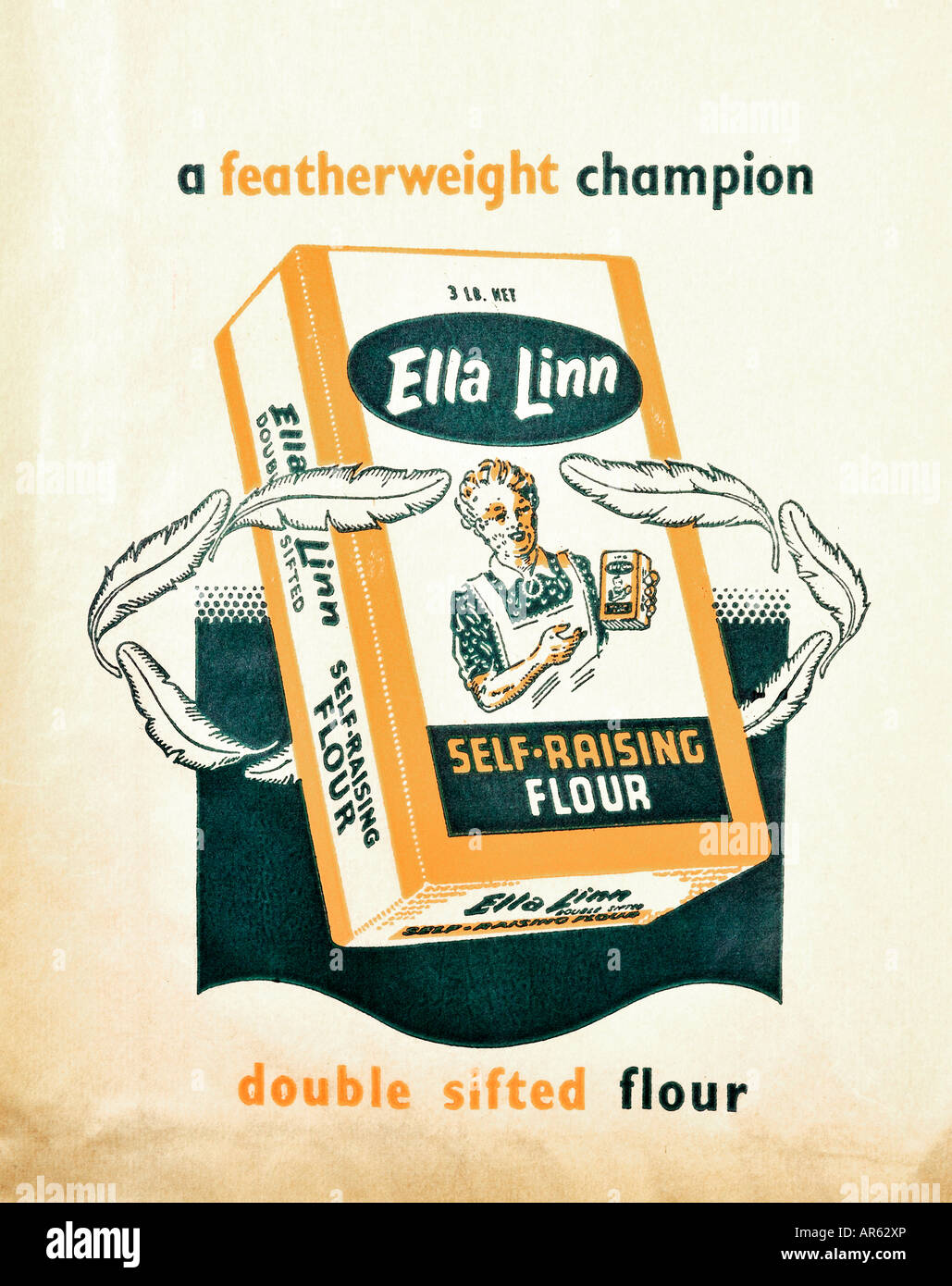 Lebensmittelhändler Paper Bag 1950er Jahre Werbung Ella Linn Self-Raising Mehl für nur zur redaktionellen Nutzung Stockfoto