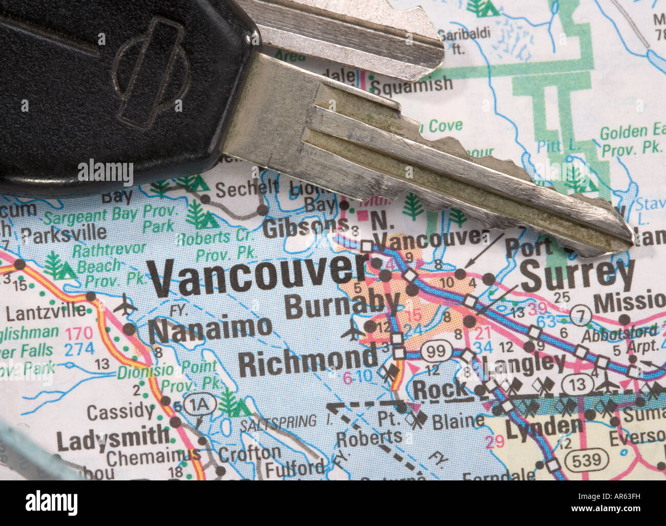 Eine Nahaufnahme von einer Karte von Vancouver B C Kanada mit Autoschlüssel Stockfoto