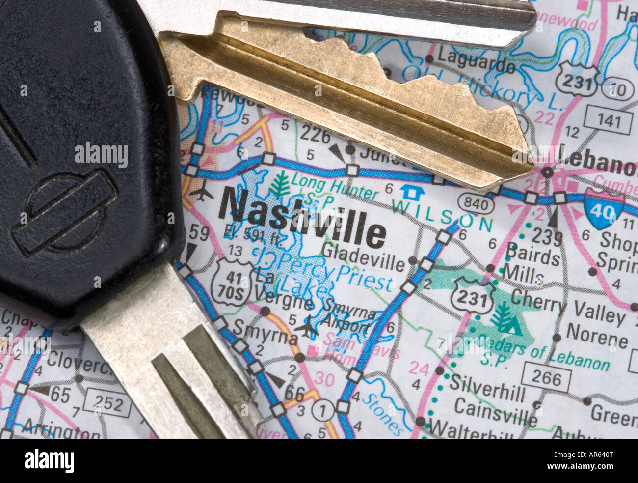 Eine Nahaufnahme von einer Karte von Nashville Tennessee mit Autoschlüssel Stockfoto