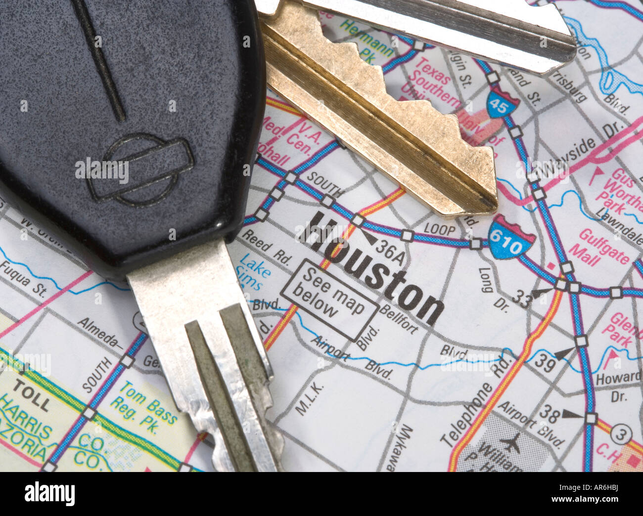 Eine Nahaufnahme von einer Karte von Houston Texas mit Autoschlüssel Stockfoto