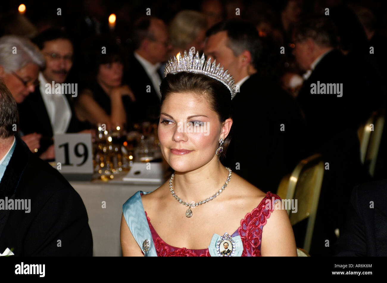 Schwedische Kronprinzessin Victoria am Gala-Dinner zu Ehren der Nobelpreisträger im blauen Saal im Rathaus von Stockholm Stockfoto
