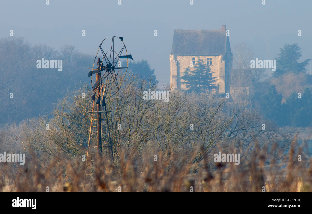 Blick auf Wind Pumpe über Weinberg, Frankreich. Stockfoto
