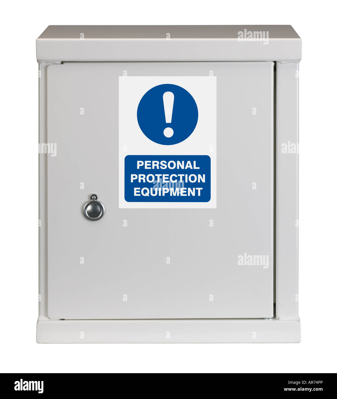 WEIßE STAHLSCHRANK MIT PERSONENSCHUTZ AUSRÜSTUNG WARNUNG SCHILD AN TÜR Stockfoto