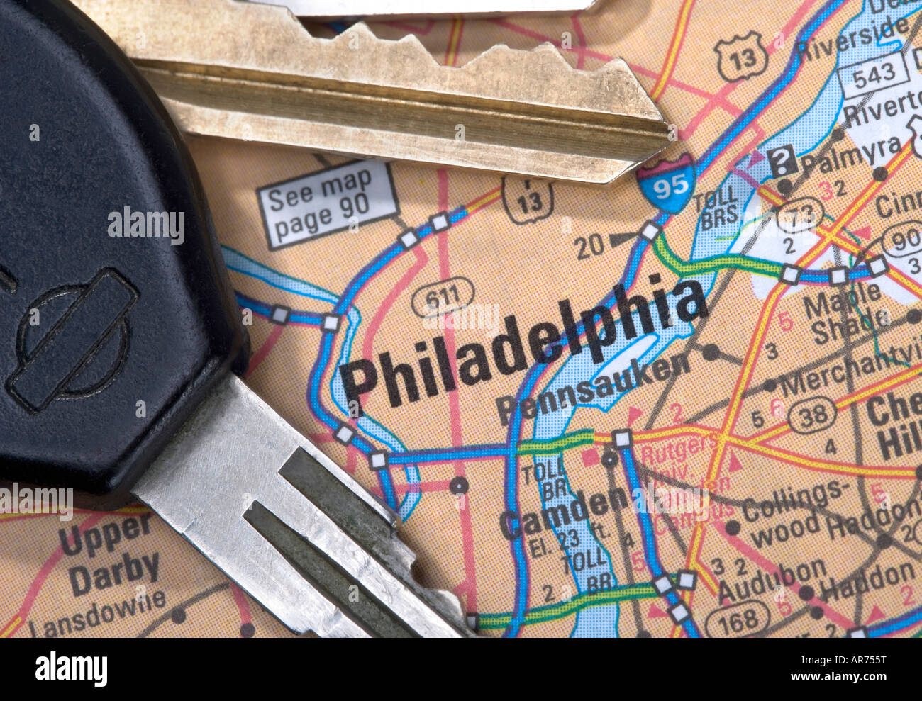 Eine Nahaufnahme von einer Karte von Philadelphia Pennsylvania mit Autoschlüssel Stockfoto
