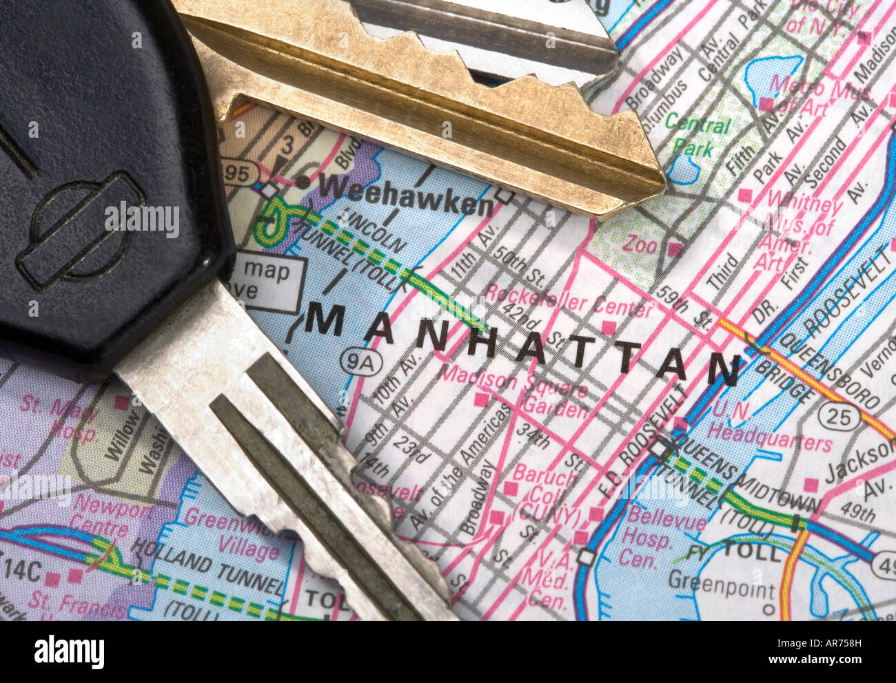 Eine Nahaufnahme von einer Karte von New York City New York mit Autoschlüssel Stockfoto