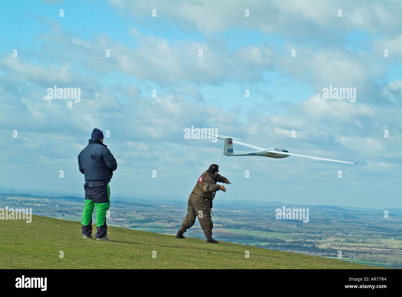 Modell Segelflugzeug Start Devils Dyke West Sussex England UK Stockfoto