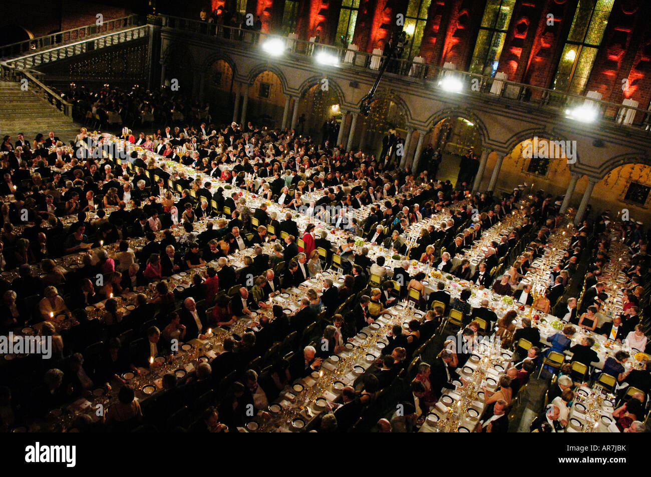 Das Gala-Dinner zu Ehren der Nobelpreisträger im blauen Saal im Rathaus von Stockholm Stockfoto