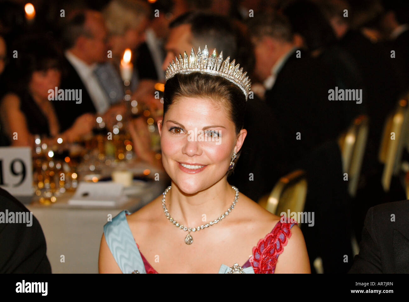 Schwedische Kronprinzessin Victoria am Gala-Dinner zu Ehren der Nobelpreisträger im blauen Saal im Rathaus von Stockholm Stockfoto
