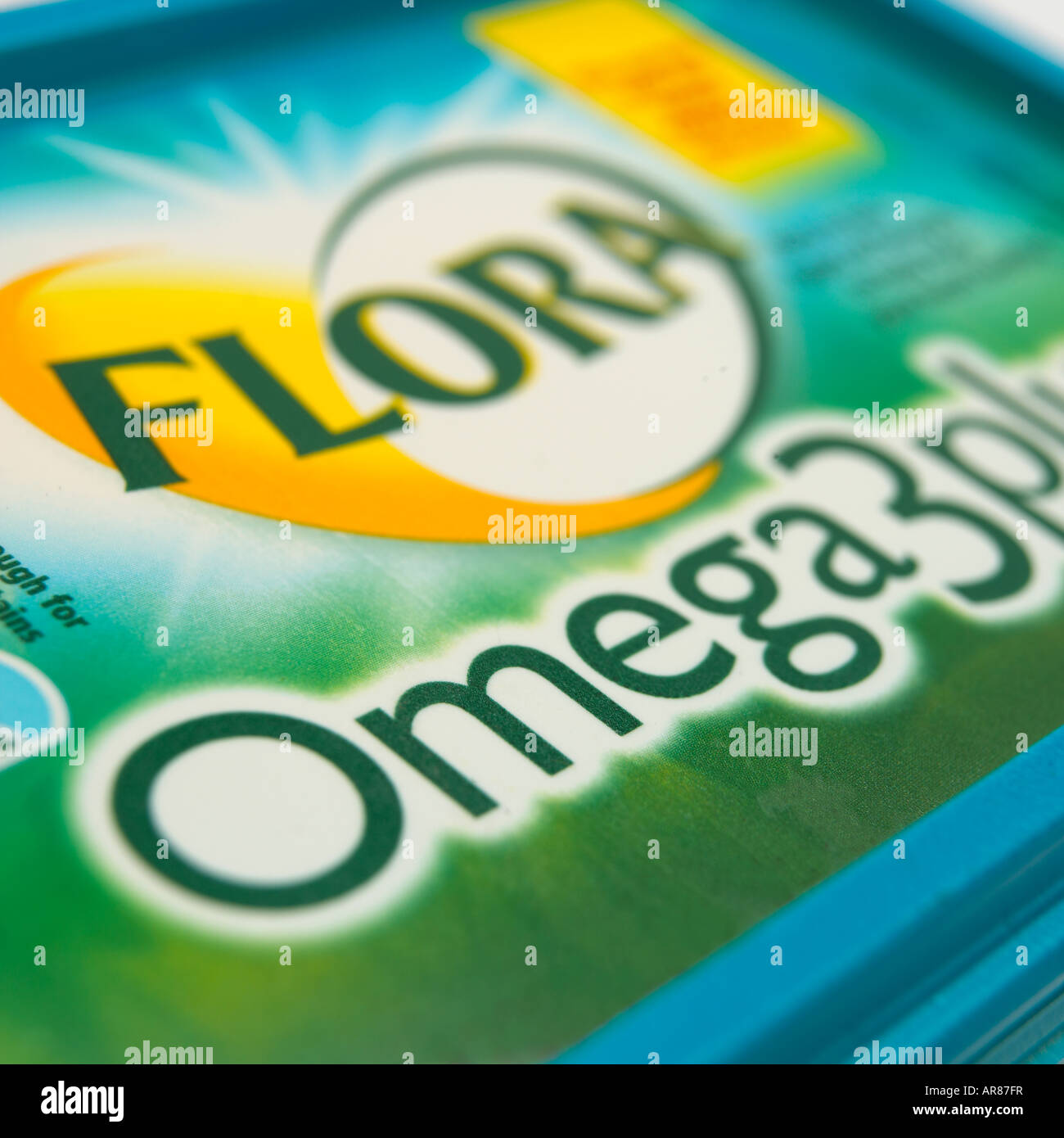 DER DECKEL DES FLORA OMEGA DREI MARGARINE WANNE NAHAUFNAHME Stockfoto