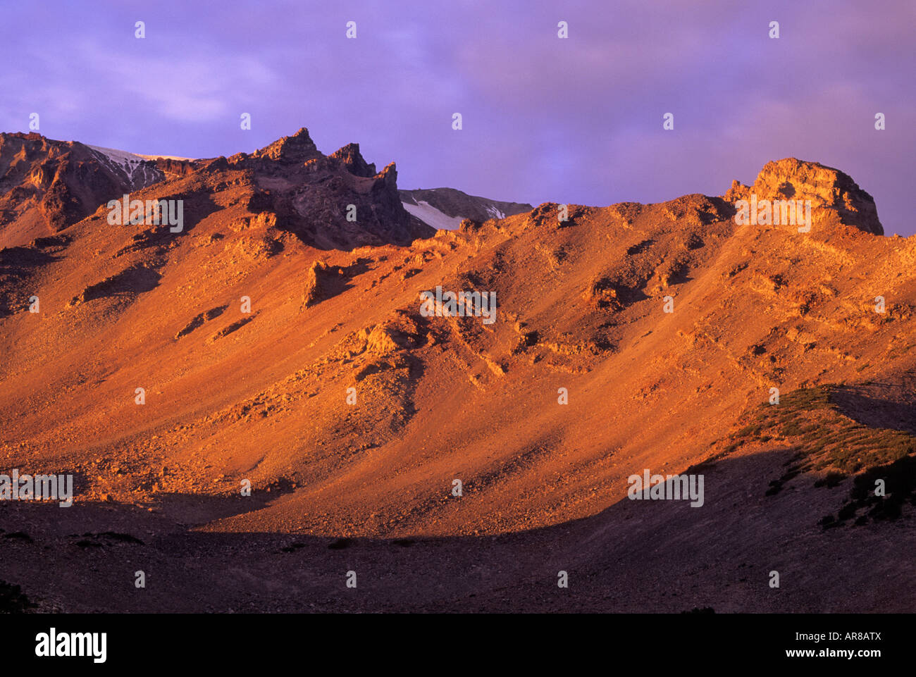 Alpenglühen am Sargents Bergrücken oberhalb Panther Wiese, Mount Shasta, Shasta Trinity National Forest, Kalifornien, USA Stockfoto