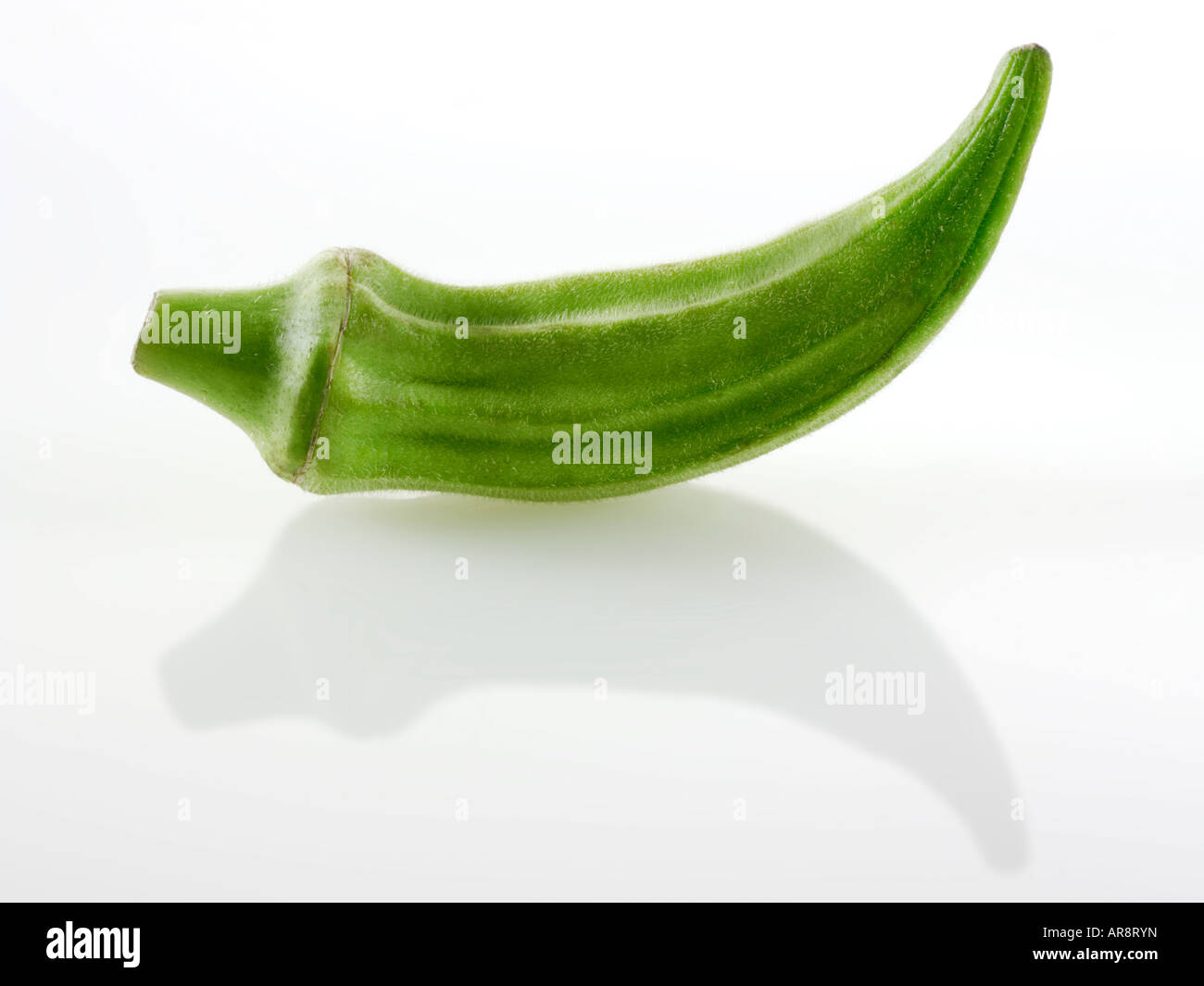 Frisch Ocker-, Bhindi oder Damen Finger ganz und ungekocht vor einem weißen Hintergrund für Ausschneiden Stockfoto