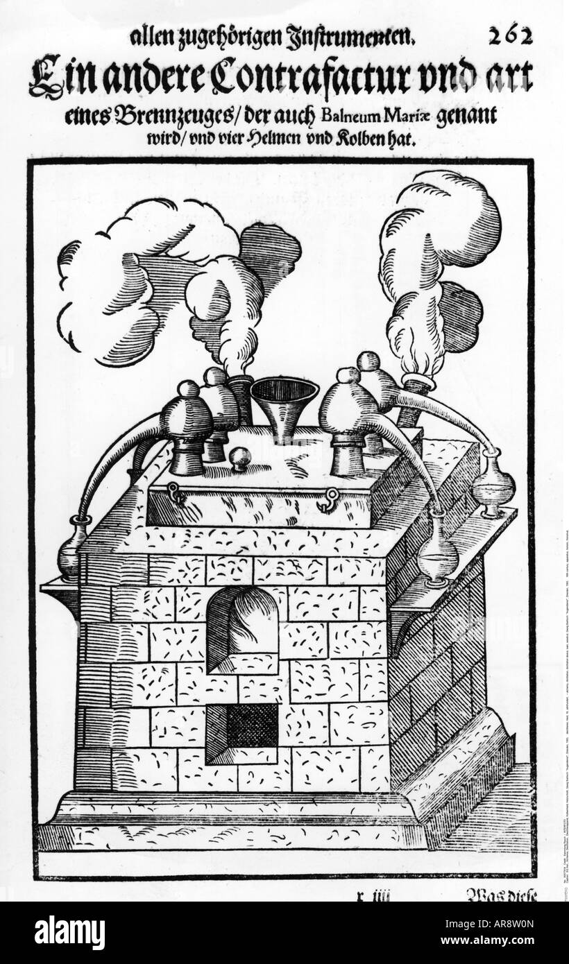 Alchemie, Destillation, Destillationsgerät, Ofen, Holzschnitt, Georg Bartisch: "Augendienst", Dresden, 1583, Stockfoto